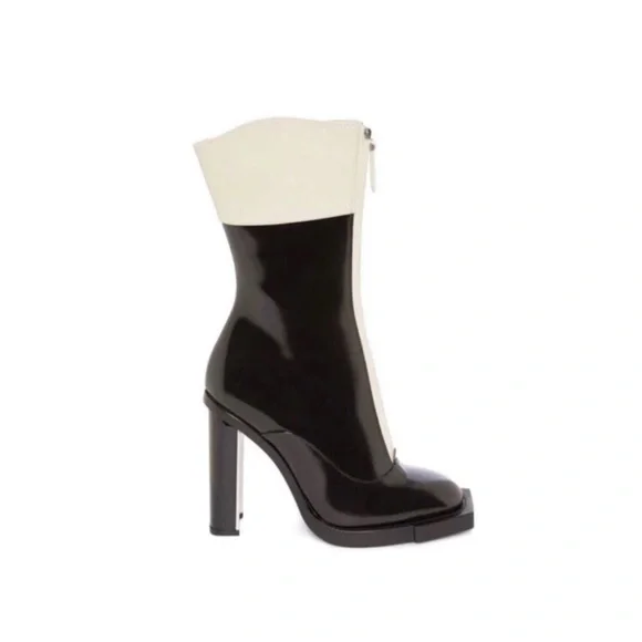 NEW Alexander McQueen Black Cream Patent Leather Mid-Calf Heeled Boots 36 6 5.5 - Picture 3 of 10